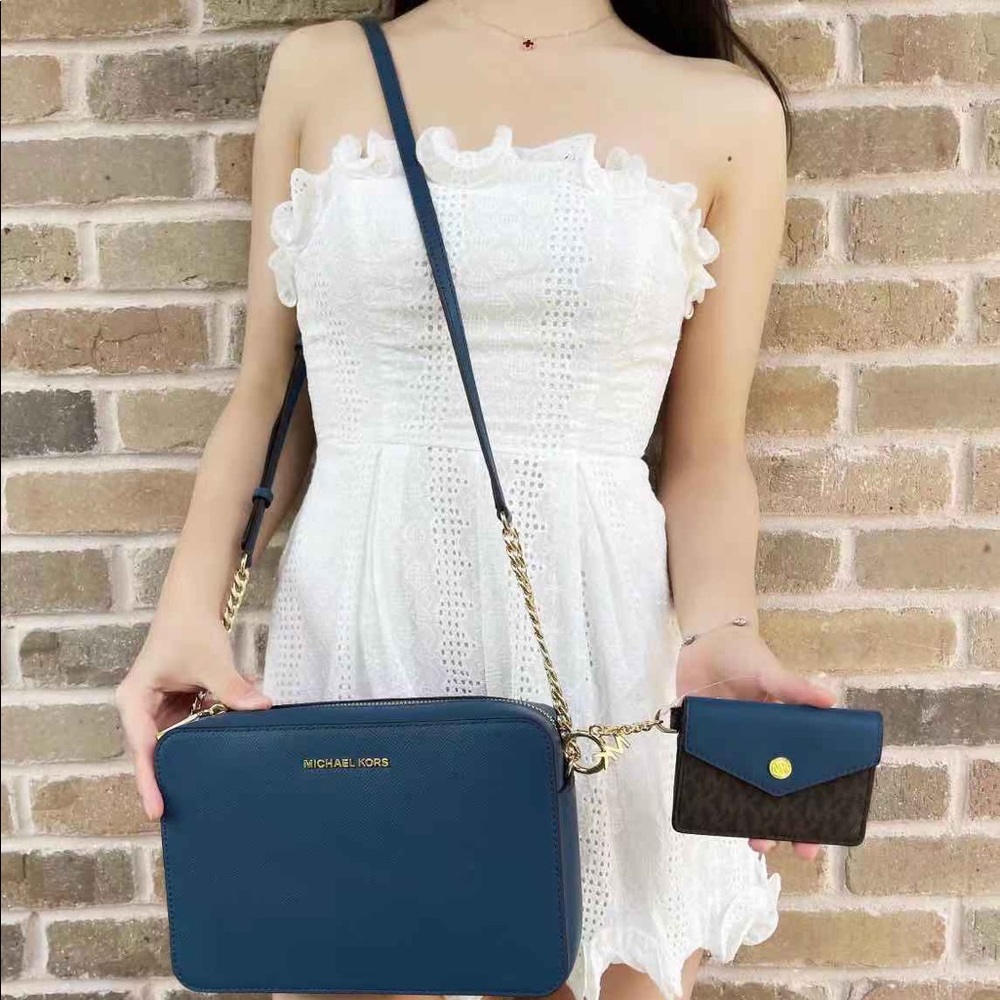 Michael Kors Navy Blue Crossbody Camera Bag with Brown Card Holder